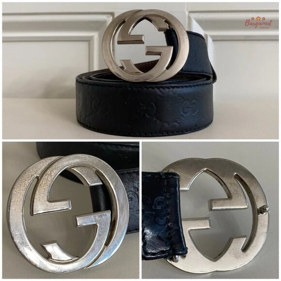 Auth Gucci Black Guccissima Leather Silver Interlocking G Buckle Belt 100/40 - Picture 2 of 13